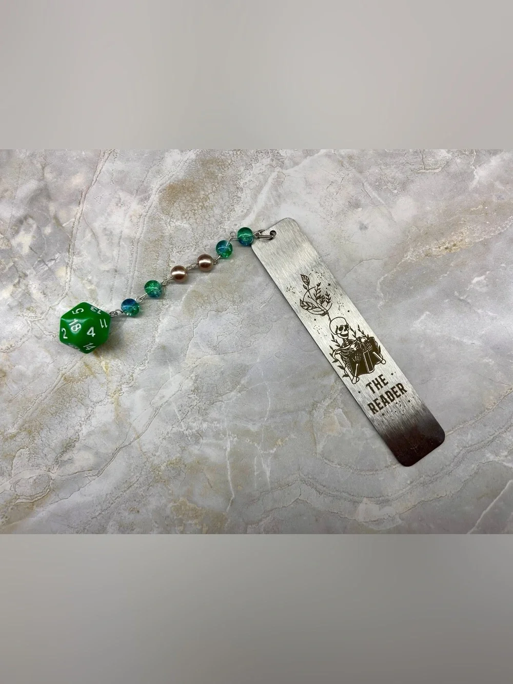 Hand Crafted Silver Metal Bookmark with Green Die and Teal Beads
